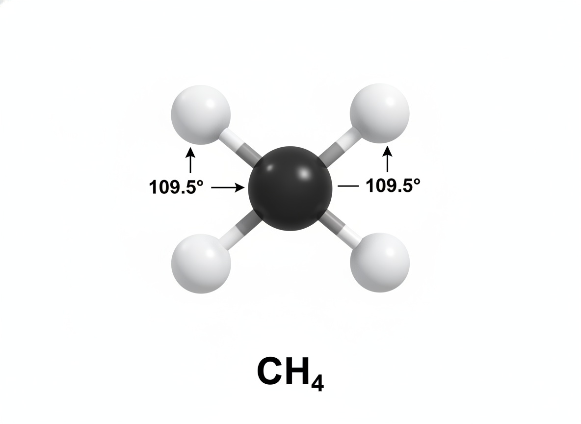 fig 1: A 3D ball-and-stick model of a methane (CH4) molecule illustrating its tetrahedral structure and 109.5° bond angles.