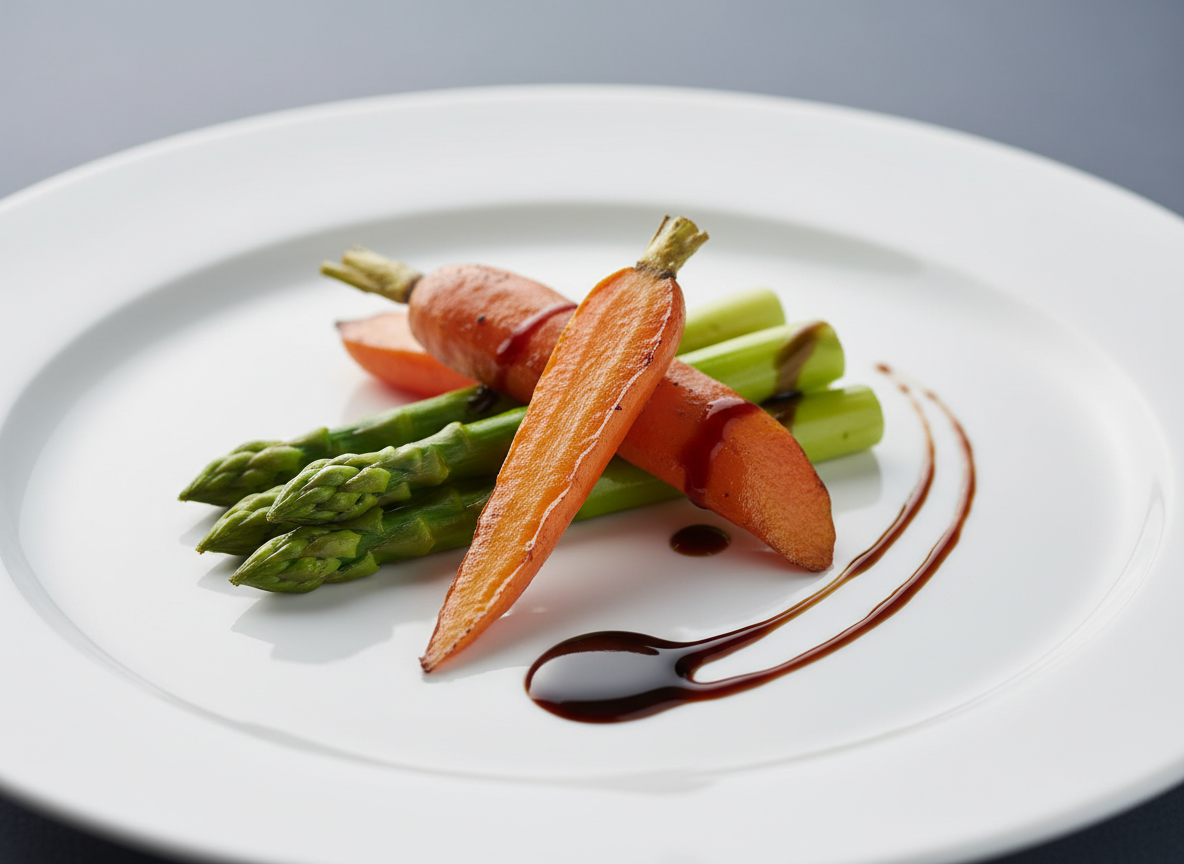 fig 1: Professional plating demonstrating color preservation in blanched asparagus and caramelization in roasted carrots.