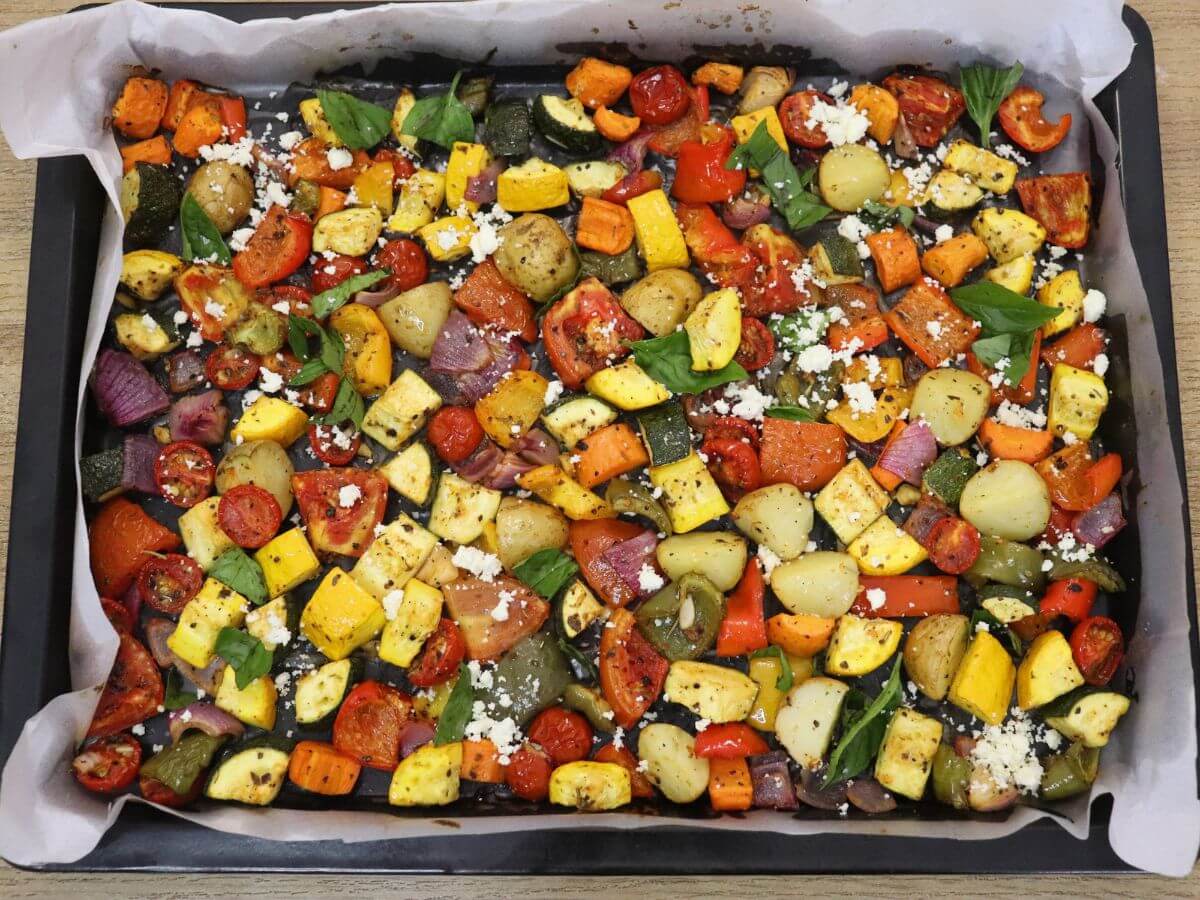 fig 3: Vegetables arranged on a rimmed baking sheet with proper spacing to prevent steaming and ensure crispness.