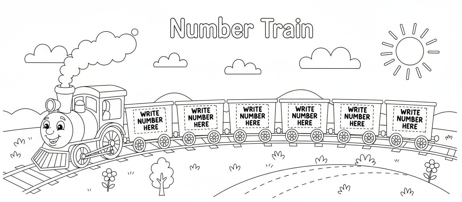 fig 4: A simple black and white number train illustration with an engine and ten empty cars for children to practice writing numbers 1 to 10.