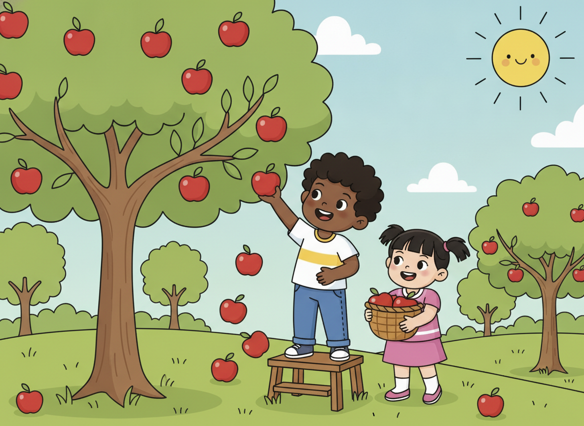 fig 1: Two children picking red apples for a math addition problem.