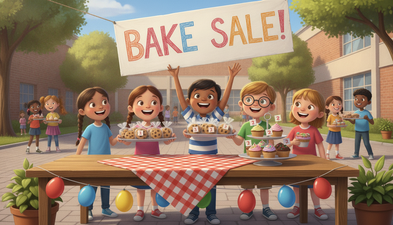 fig 1: A bright, engaging school bake sale scene where kids sell cookies and cupcakes, used as a hook for Grade 3 math word problems.