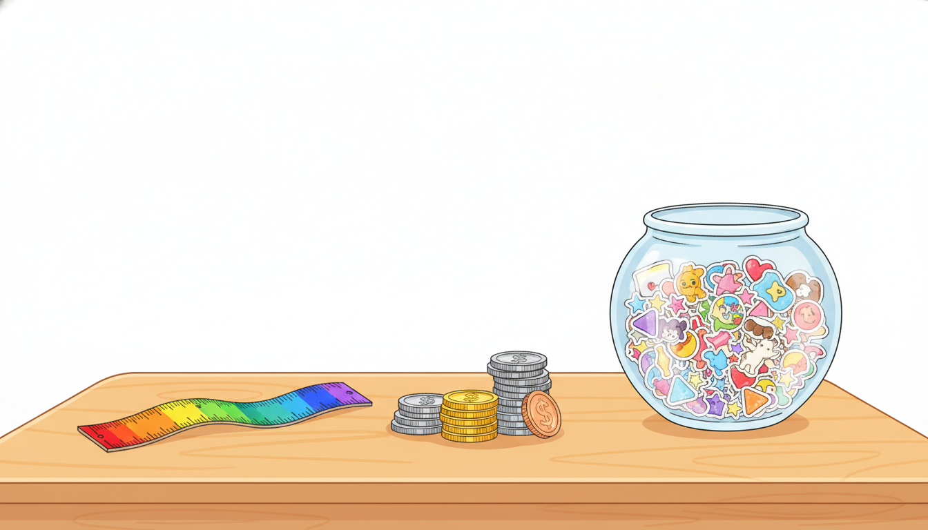 fig 1: A colorful and engaging math-themed illustration featuring coins, a ruler, and a jar of stickers on a wooden desk, perfect for a Grade 2 worksheet header.