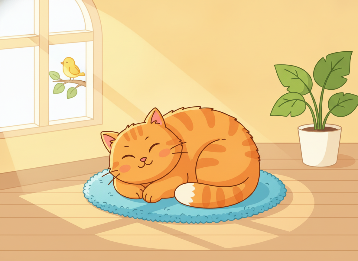 fig 1: A fluffy orange cat sleeping on a small blue mat in a sunny room, designed for kindergarten reading comprehension.