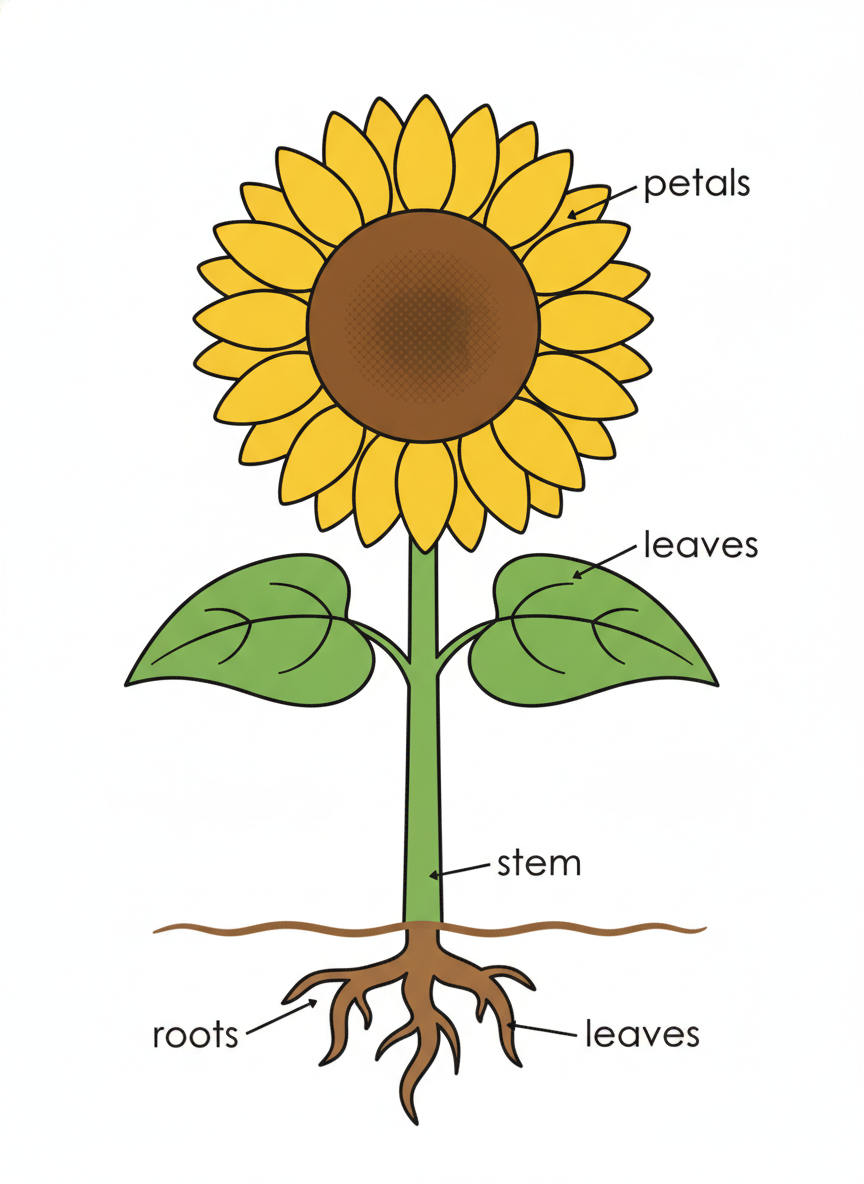 fig 2: A simple educational diagram showing the roots, stem, leaves, and petals of a sunflower.
