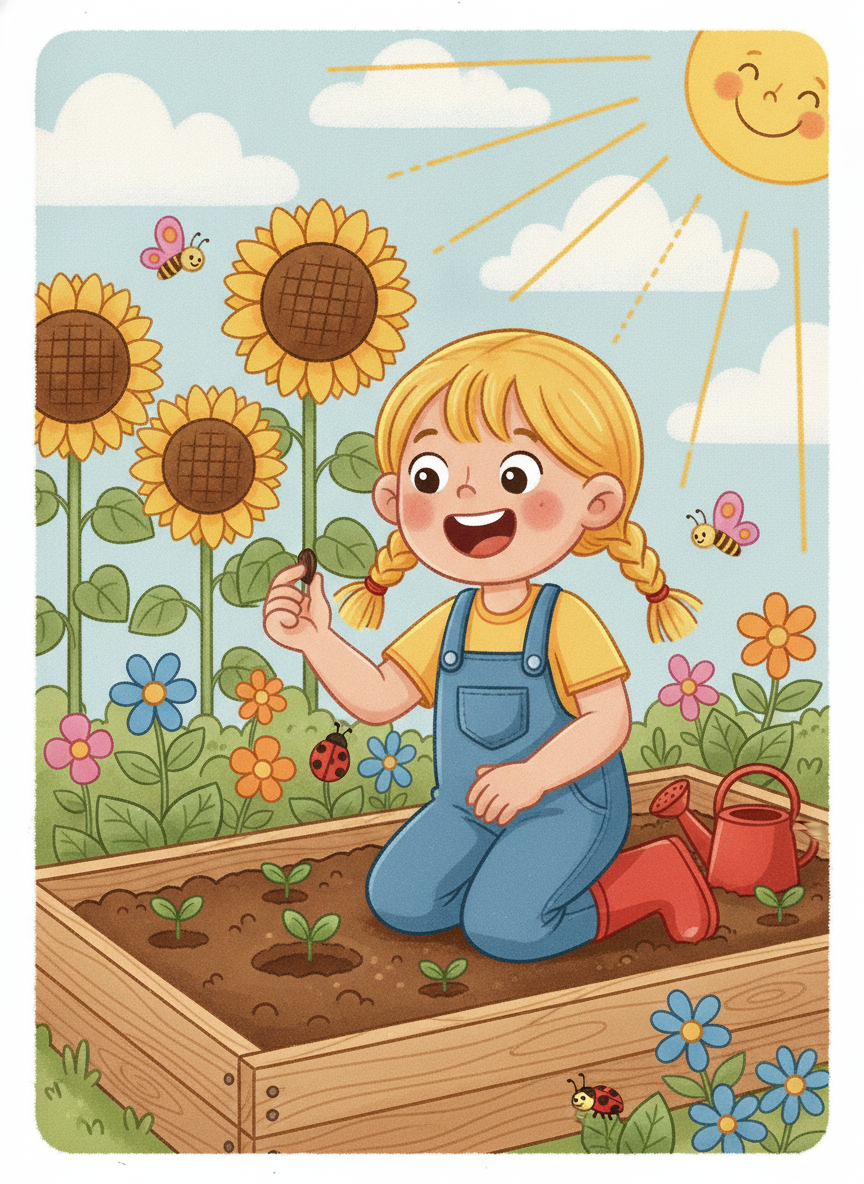 fig 1: A small girl named Kim smiling while planting a sunflower seed in a sunny garden.