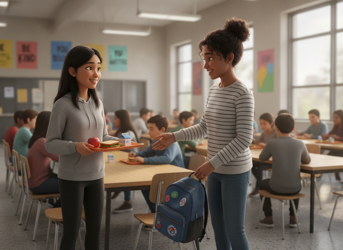 fig 1: A friendly student invites a nervous newcomer to join them at a lunch table, demonstrating inclusion and empathy.