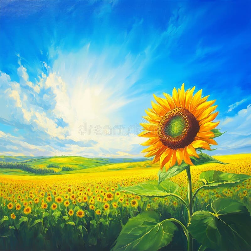 fig 3: A tall, bright sunflower standing in a sunny field under a clear blue sky.
