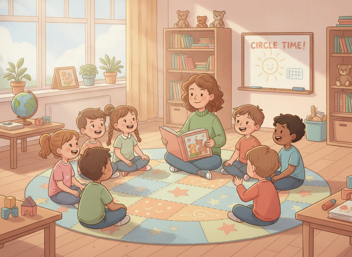 Un'illustrazione accogliente di bambini e un'insegnante in cerchio per introdurre il concetto di accoglienza e circle time.