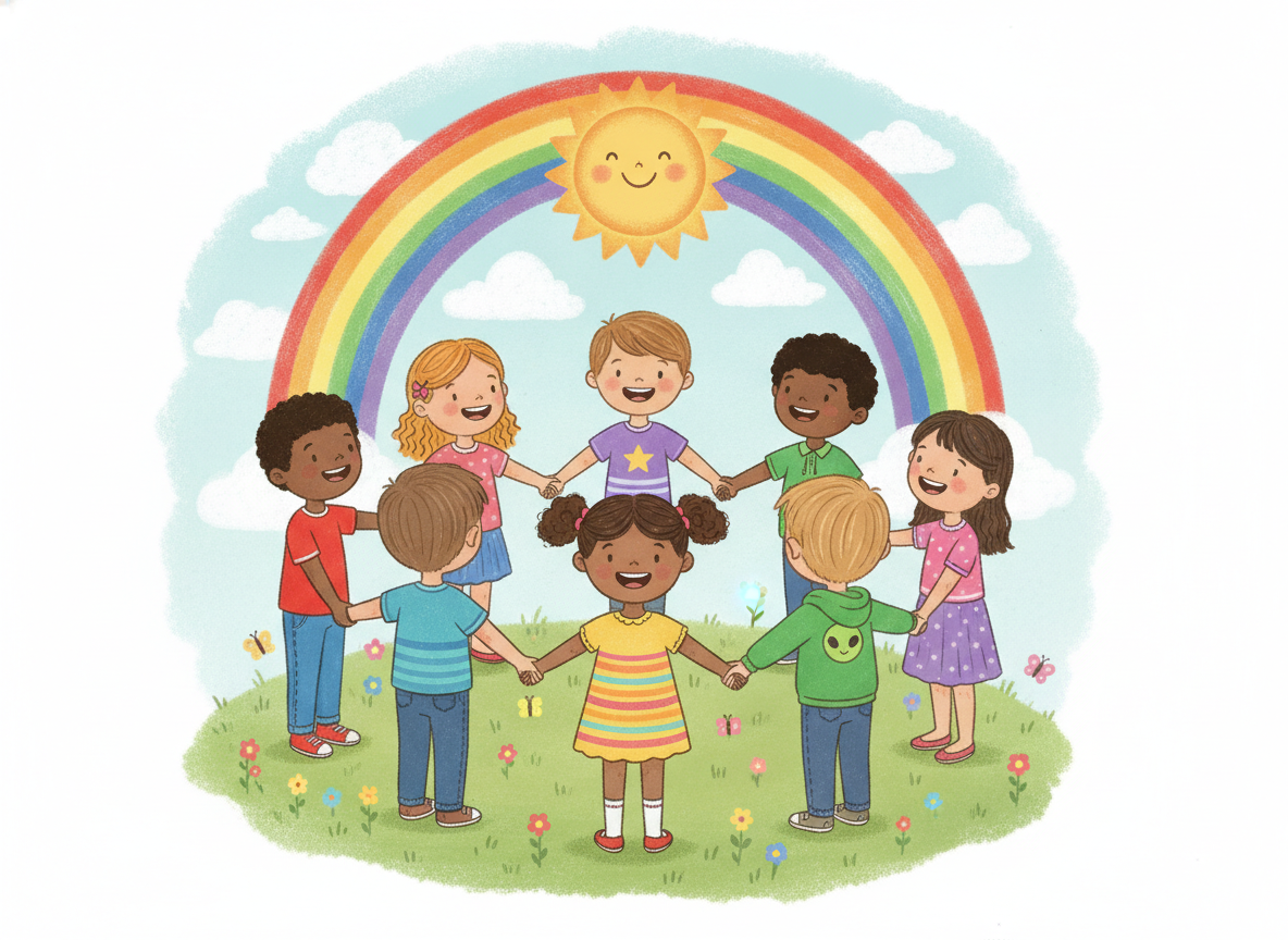 fig 1: Un gruppo di bambini felici che formano un cerchio sotto il sole e l'arcobaleno, simbolo di amicizia e accoglienza.