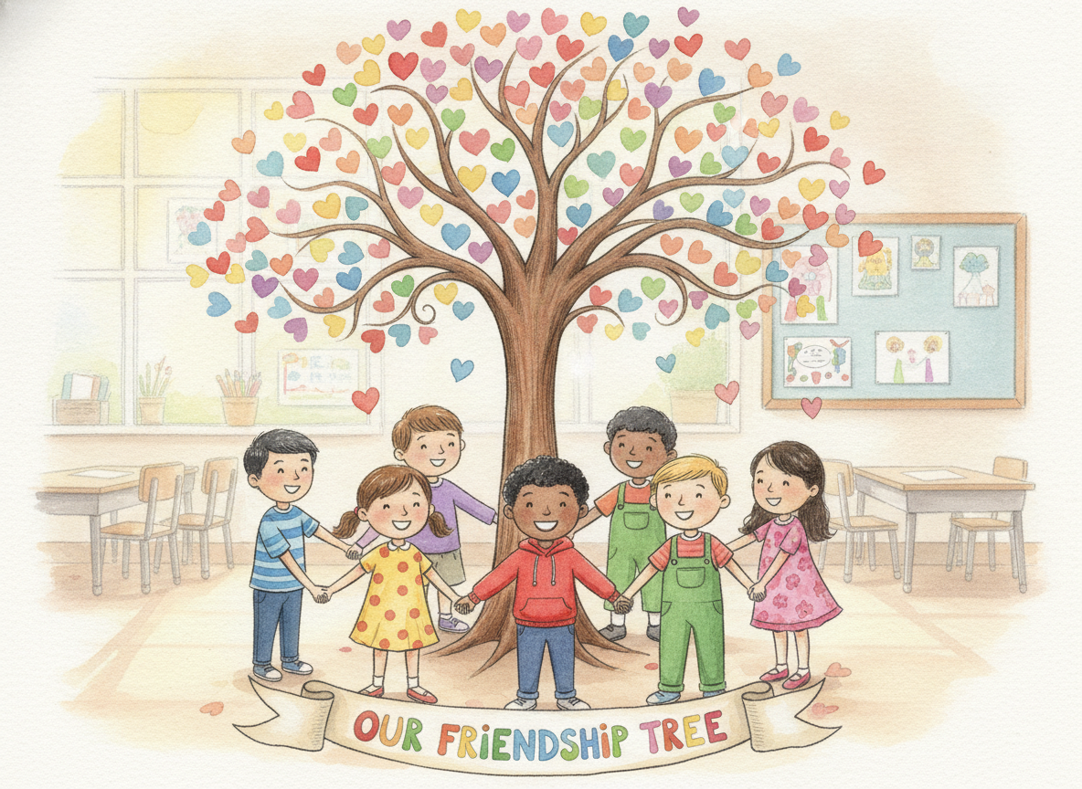fig 1: Un colorato "albero dell'amicizia" con foglie a forma di cuore circondato da un gruppo di bambini sorridenti.