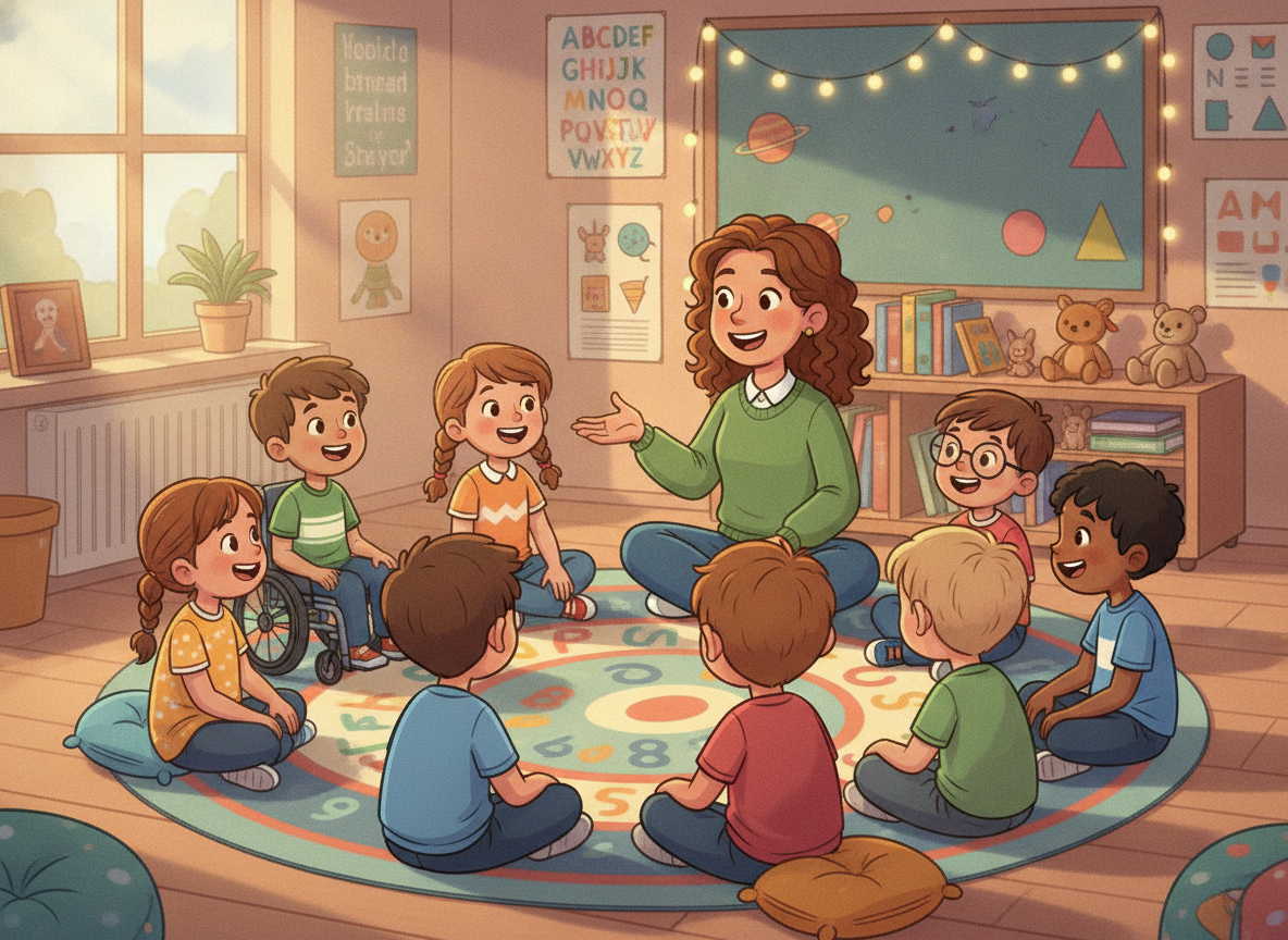 fig 1: Un gruppo di bambini e l'insegnante seduti in cerchio in un'atmosfera gioiosa