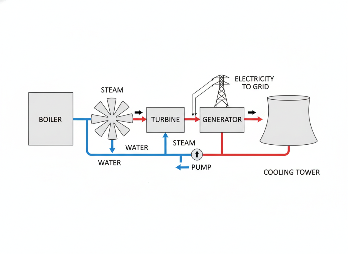fig 2: Schematic diagram showing the labeled components and steam-water cycle of a thermal power plant.