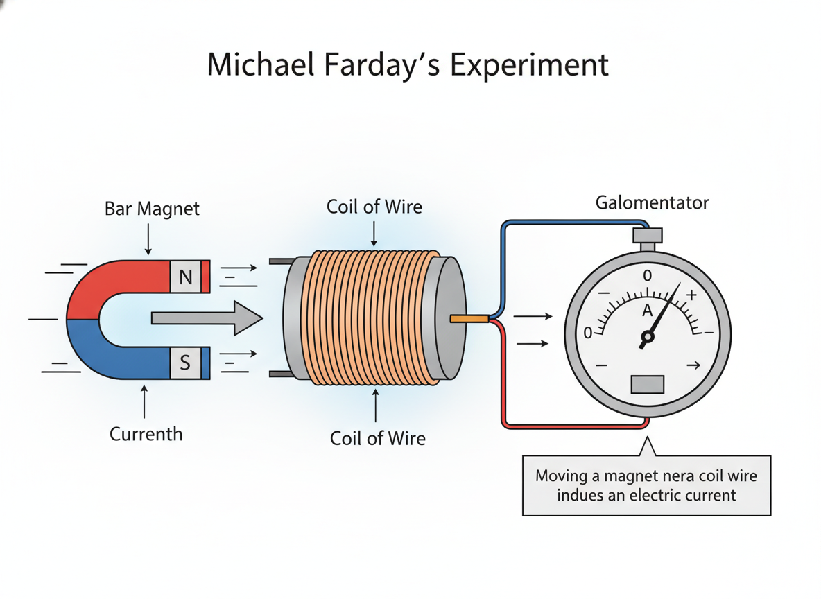 fig 1: Illustration of Michael Faraday's electromagnetic induction experiment using a magnet, coil, and galvanometer.