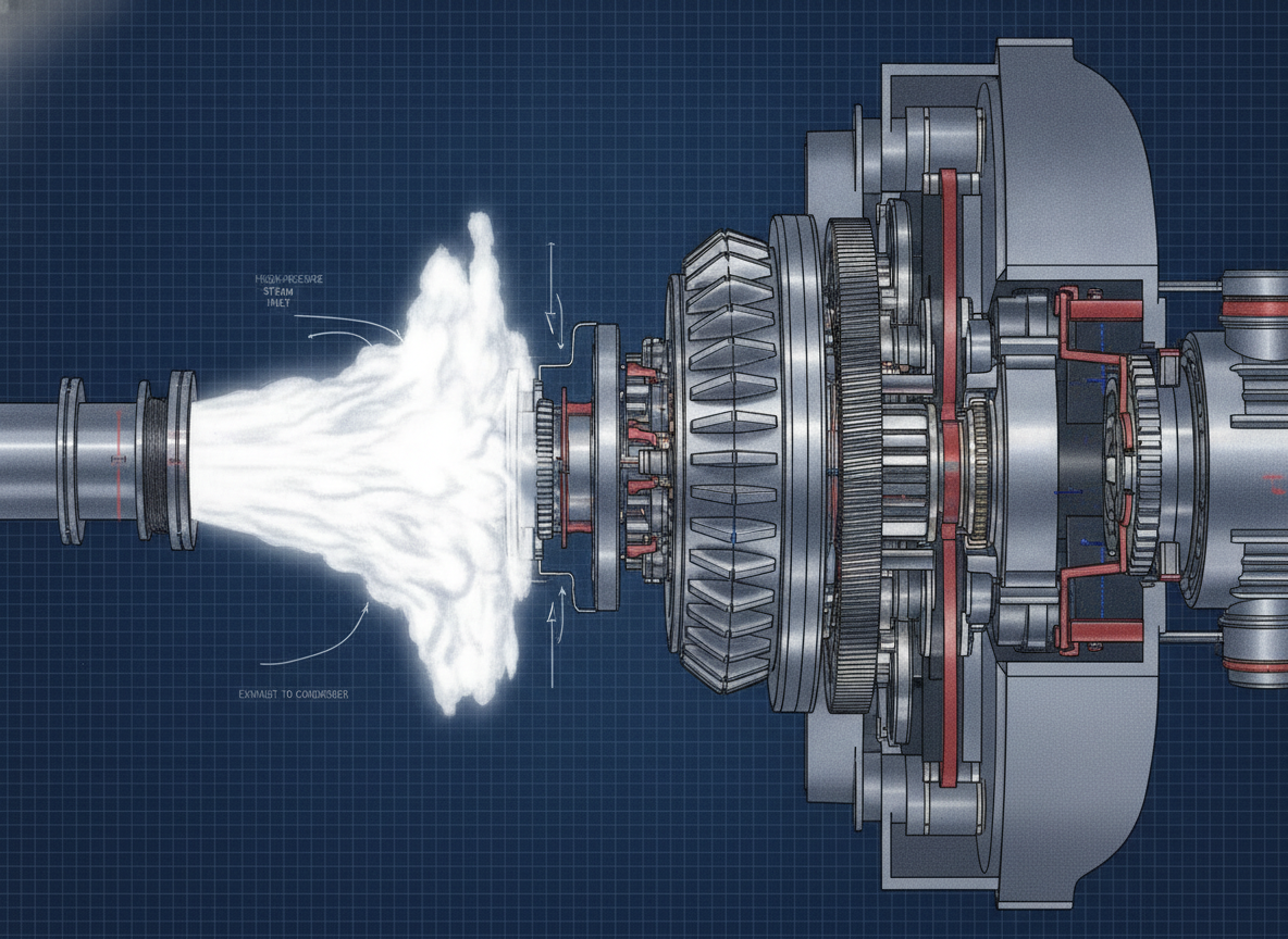 fig 3: Technical illustration of high-pressure steam driving turbine blades to create mechanical rotation.