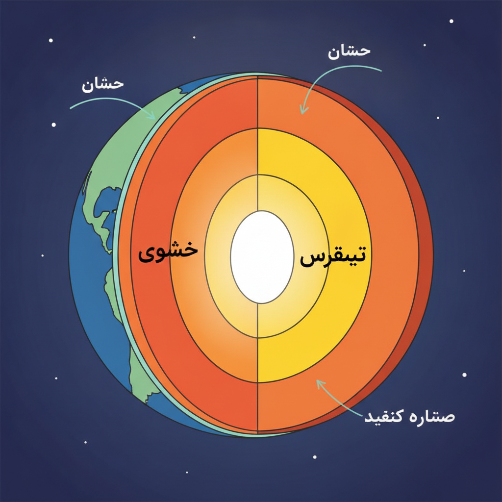 fig 1: لایههای درونی زمین شامل پوسته، گوشته، هسته خارجی و هسته داخلی