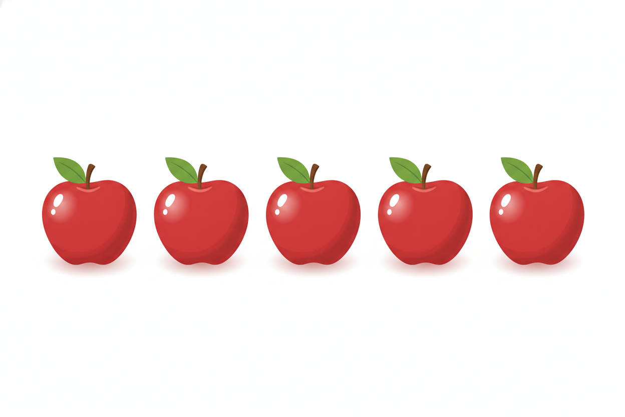 Five bright red apples arranged in a row for a counting exercise.