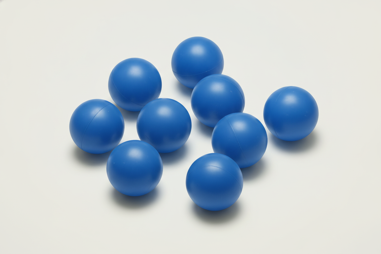 Eight blue balls scattered on a surface for a counting activity.