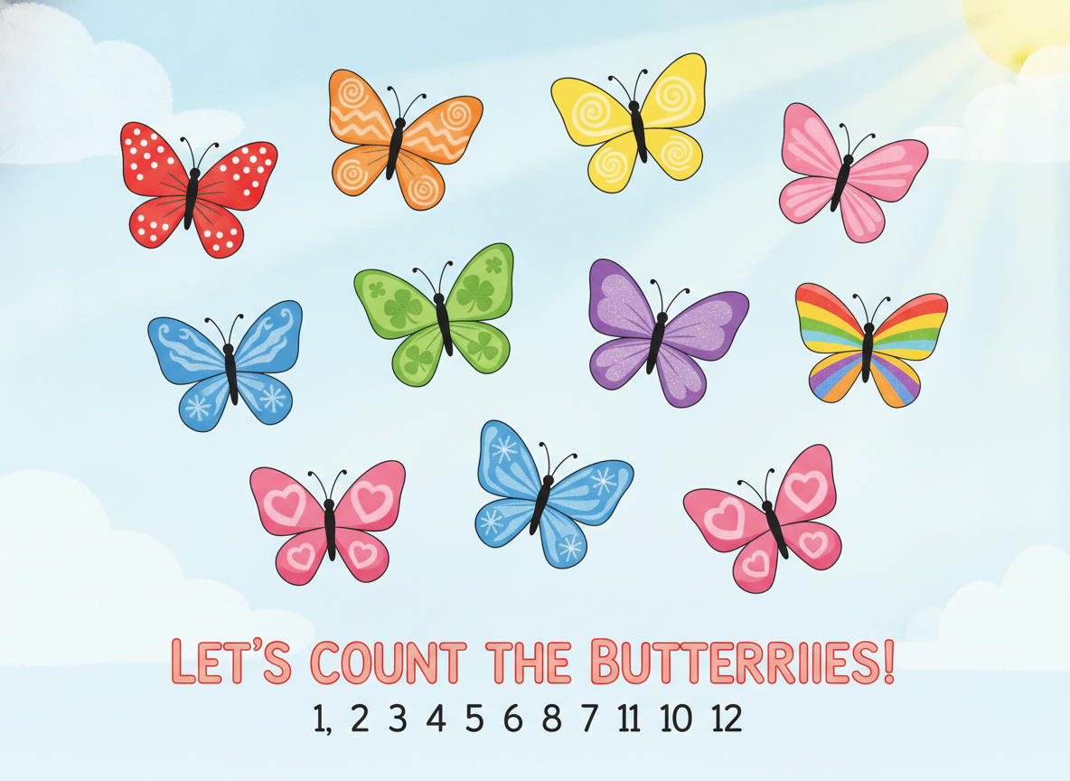 Twelve colorful butterflies flying together for a counting test.