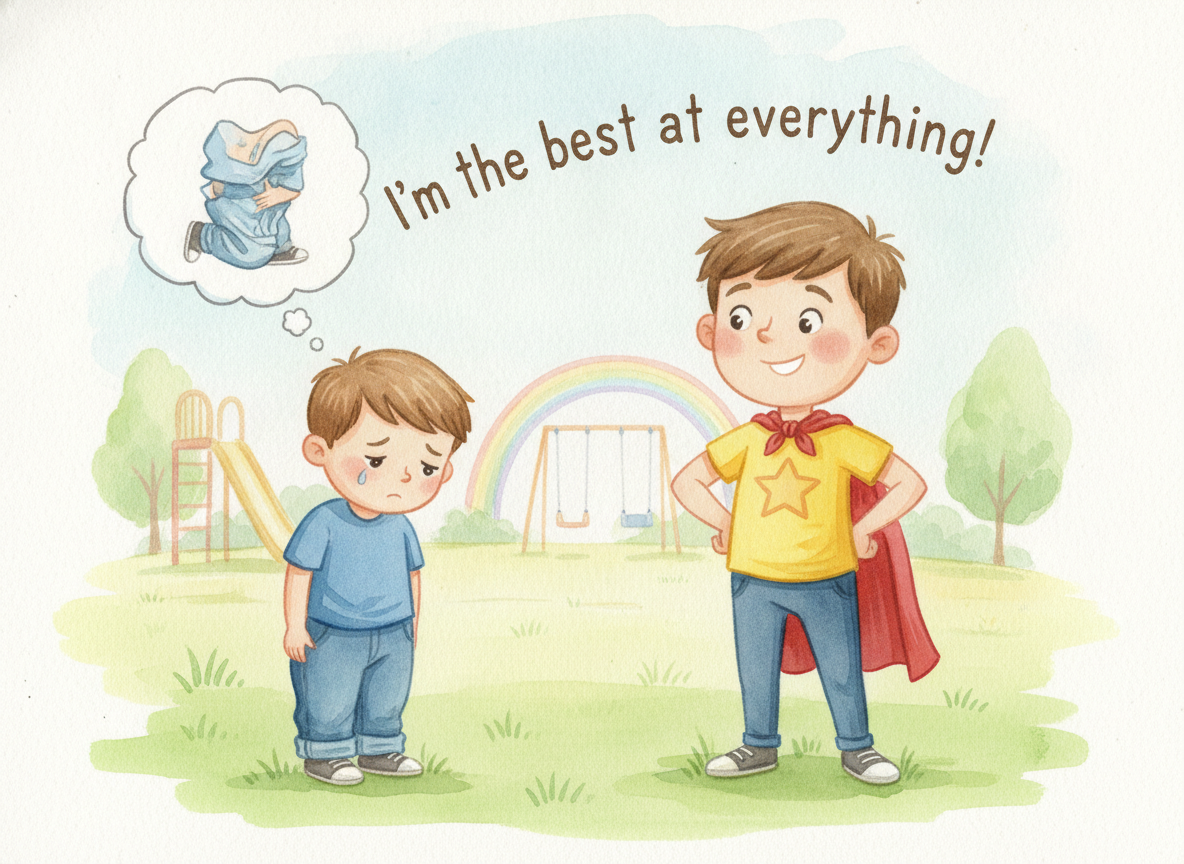 Tyler feeling discouraged while Jake brags, illustrating the impact of boasting on others' feelings.