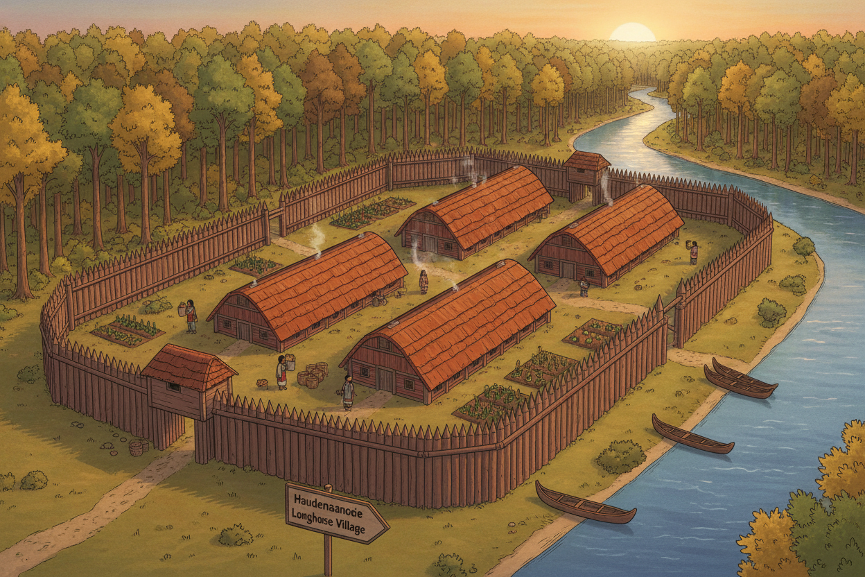 Figure 2: An educational illustration of a traditional Haudenosaunee (Iroquois) longhouse village near a forest and river.