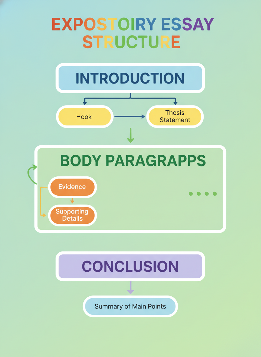 Figure 1: An educational poster illustrating the structure of an expository essay, featuring Introduction, Body Paragraphs, and Conclusion sections for Grade 7 learners.