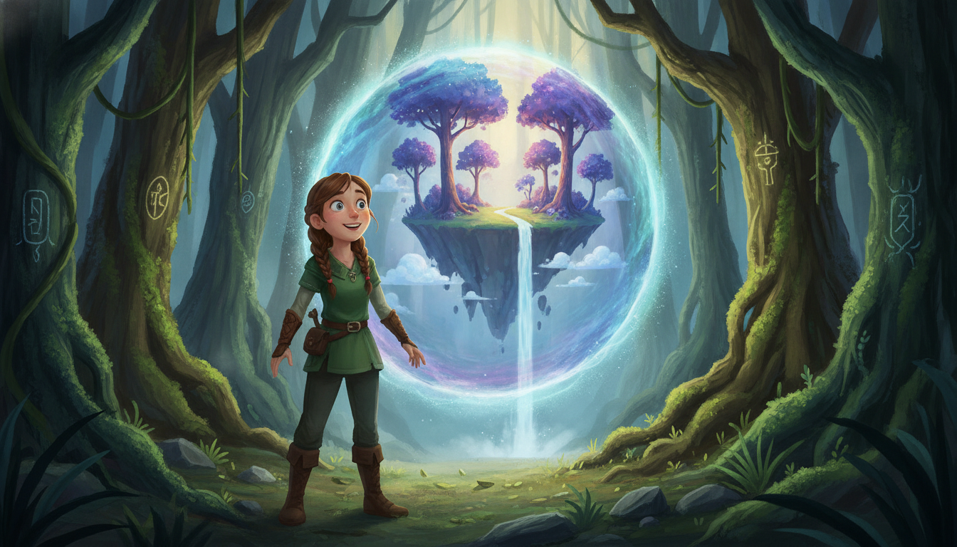 Figure 1: A young girl discovers a shimmering magical portal in an ancient forest leading to a floating island.