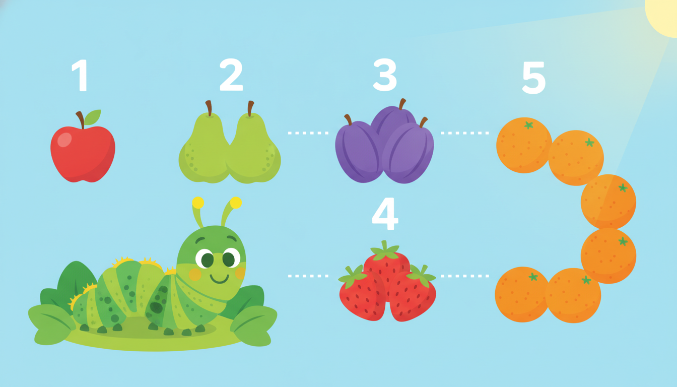 A friendly caterpillar with groups of fruit to help students practice counting from 1 to 5.