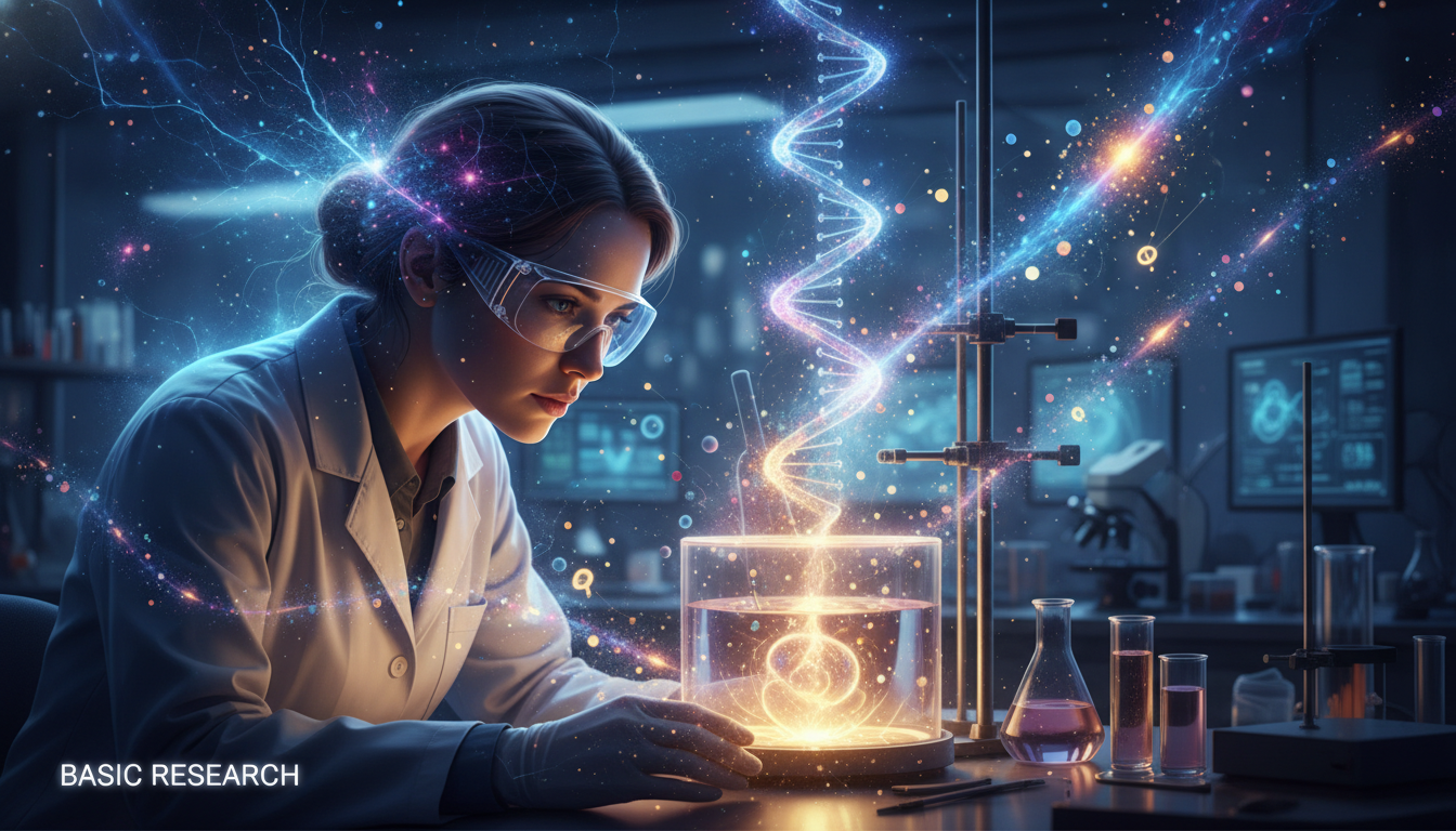 An illustration of basic research, showing a scientist exploring fundamental scientific concepts to expand human knowledge.