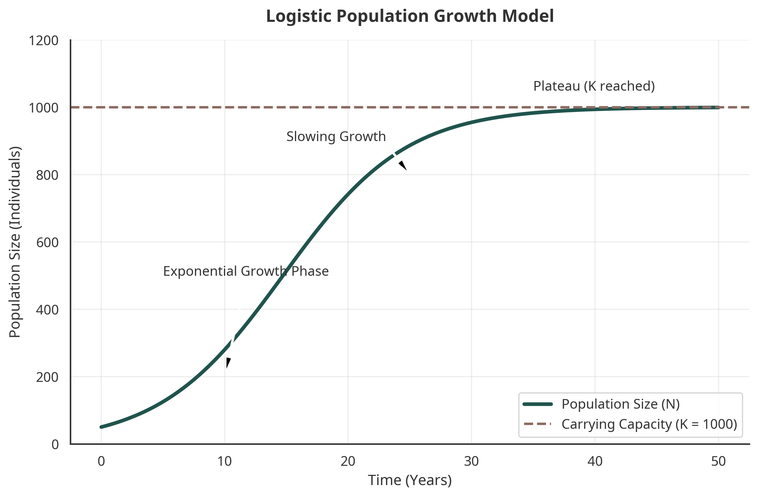 Figure 1: Logistic Population Growth Model showing the transition from exponential growth to a plateau at carrying capacity (K).