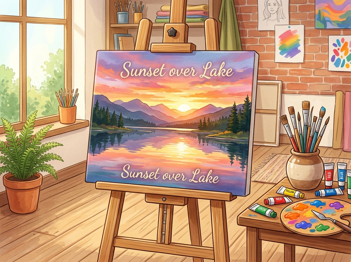 Figure 2: An artist easel holding a completed canvas painting of a colorful sunset reflecting on a calm lake