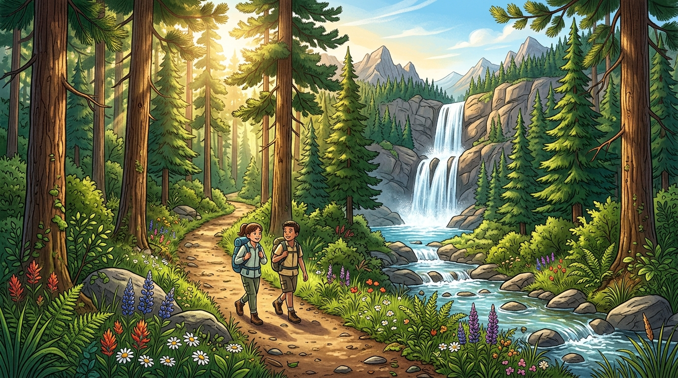 Figure 3: A scenic dirt trail winding through a lush pine forest toward a cascading waterfall