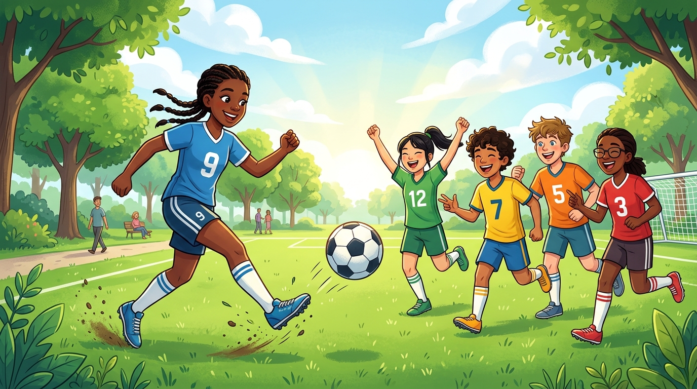 Figure 1: A diverse group of teenagers playing soccer together in a sunny park